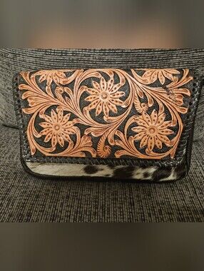 Hand-Tooled Floral Leather Clutch in Tan and Black
